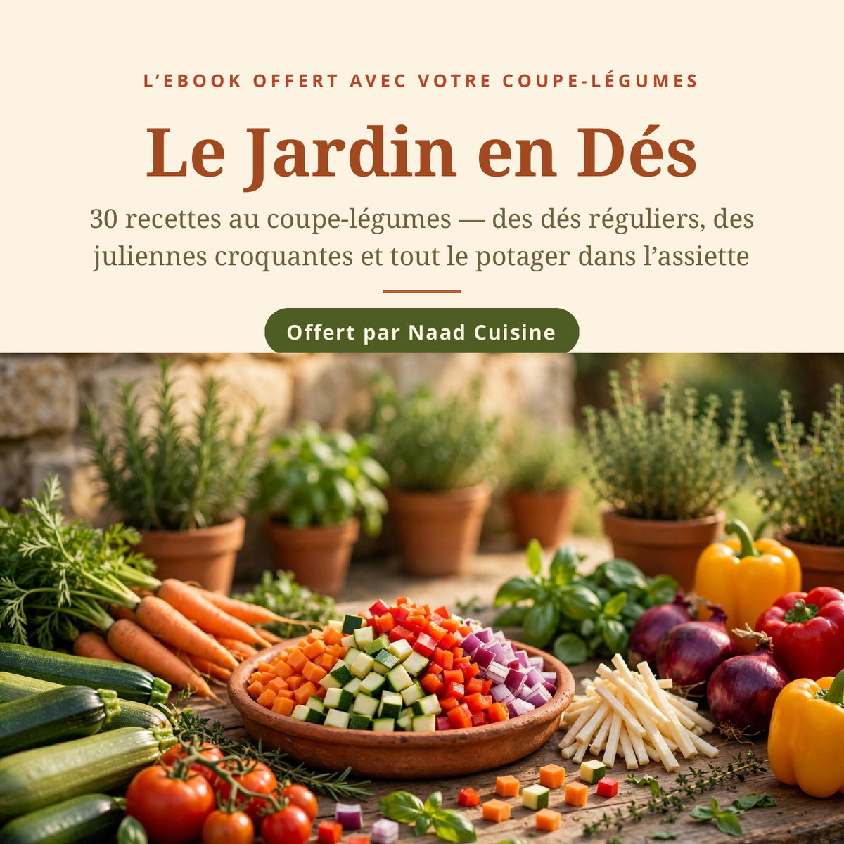 Couverture de l'ebook « Le Jardin en Dés » — 30 recettes au coupe-légumes