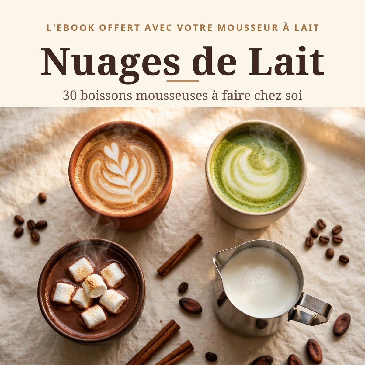 Ebook « Nuages de Lait » — 30 boissons mousseuses au mousseur à lait : cappuccino, latte, matcha et chocolat chaud