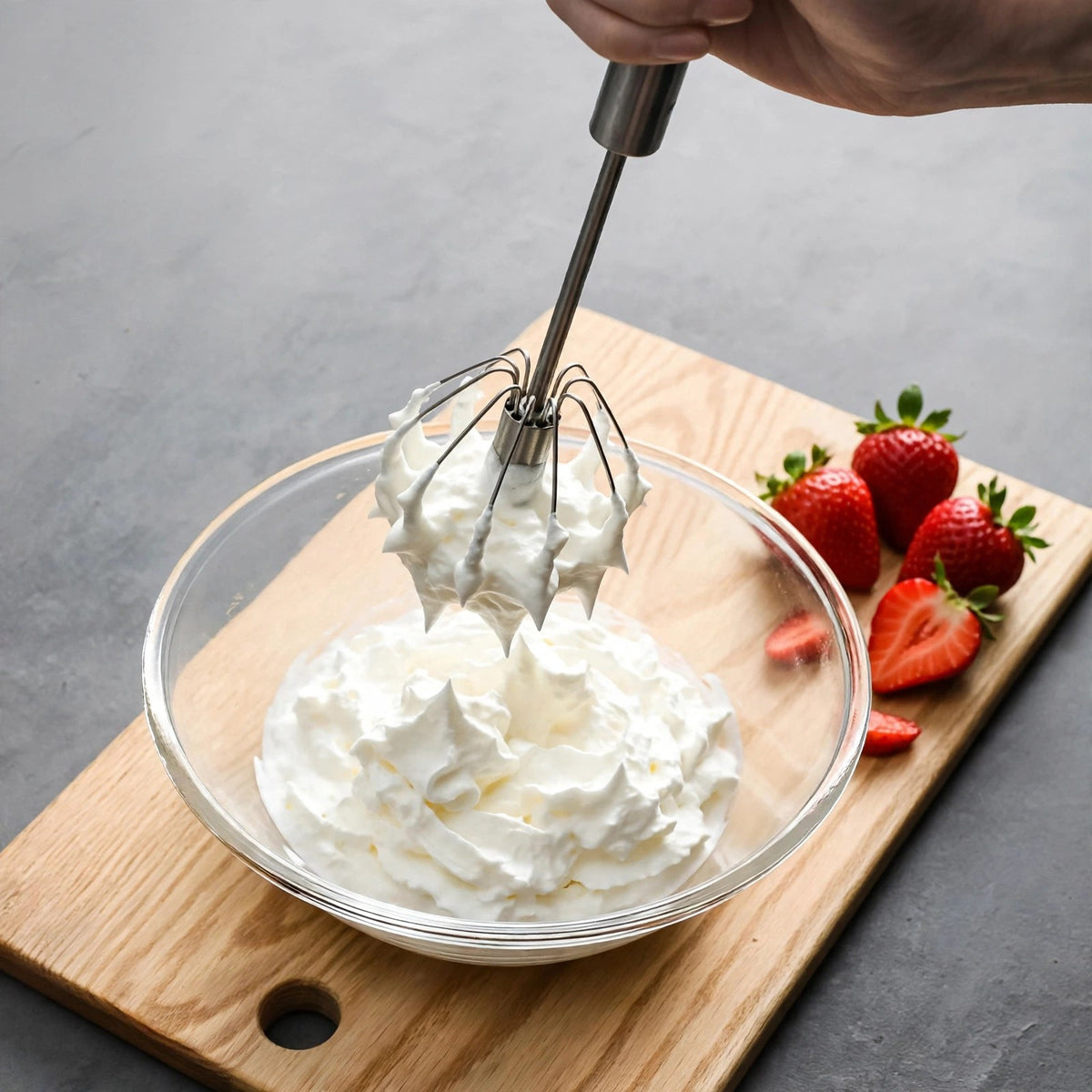 Fouet PushMix en inox soulevant une crème fouettée souple dans un petit bol, fraises fraîches à côté