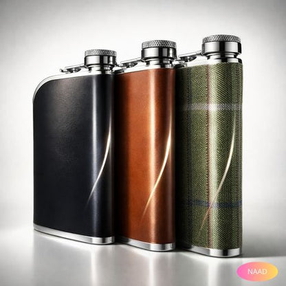 Collection-gourde-plate-incurvee-CURVE-PRESTIGE-cuir-noir-marron-vert-acier-304