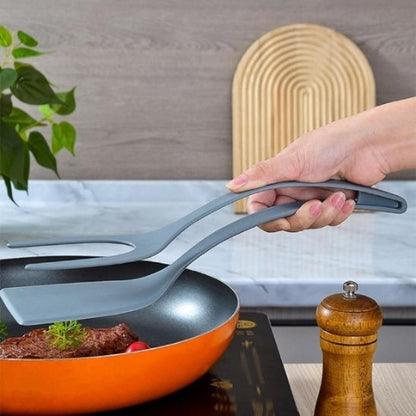 Spatule-Pince-2-en-1-Grise-Silicone-pour-Steak