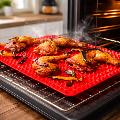 Tapis-de-cuisson-silicone-rouge-Pyramid-Pan-avec-poulet-roti-dore-sur-grille-de-four-