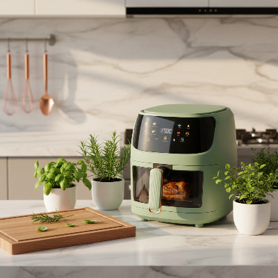 air-fryer-design-compact-sage-green-cuisine-moderne-plan-de-travail