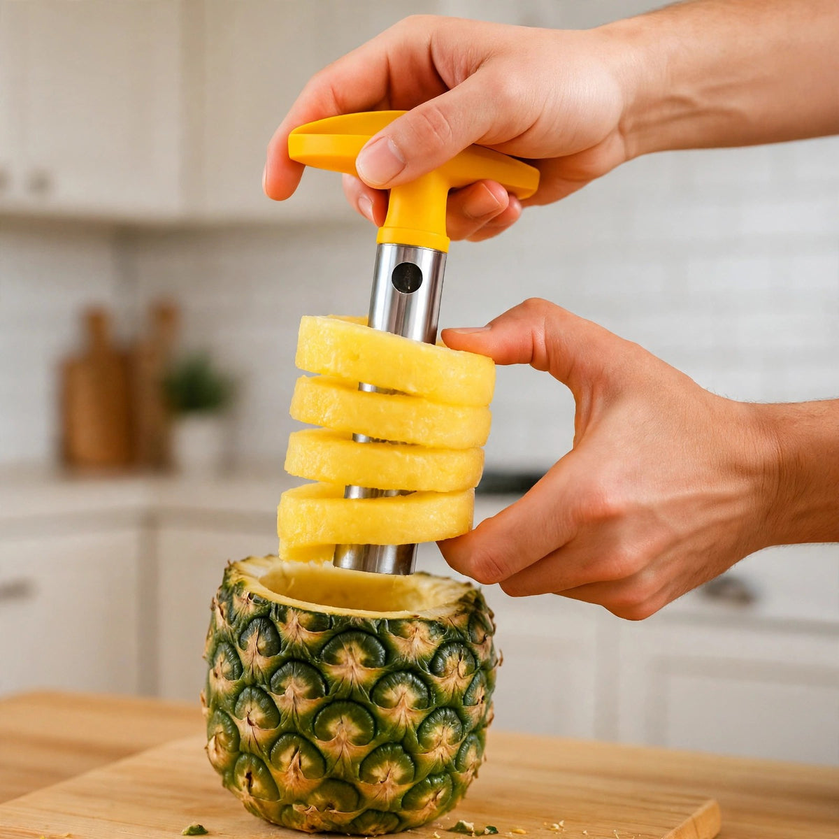Extraction de la spirale d'ananas avec l'AnaSlicer, coque évidée en dessous