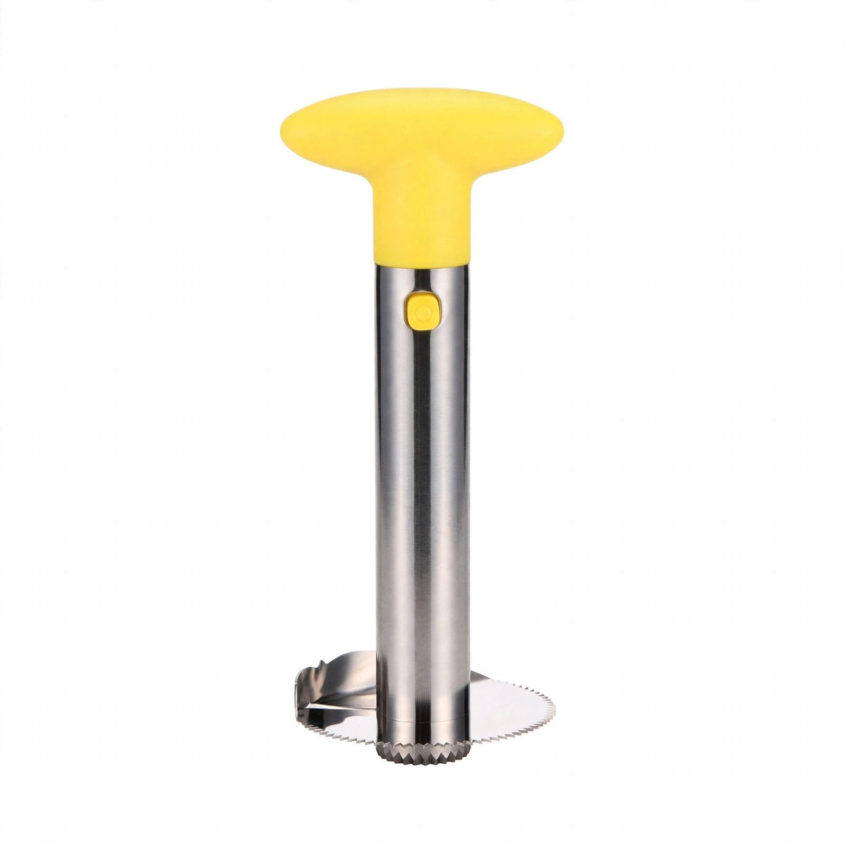 Coupe-ananas AnaSlicer jaune, tube inox et lame circulaire, sur fond blanc
