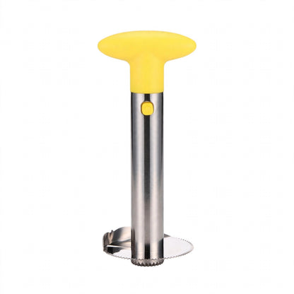 Coupe-ananas AnaSlicer jaune, tube inox et lame circulaire, sur fond blanc