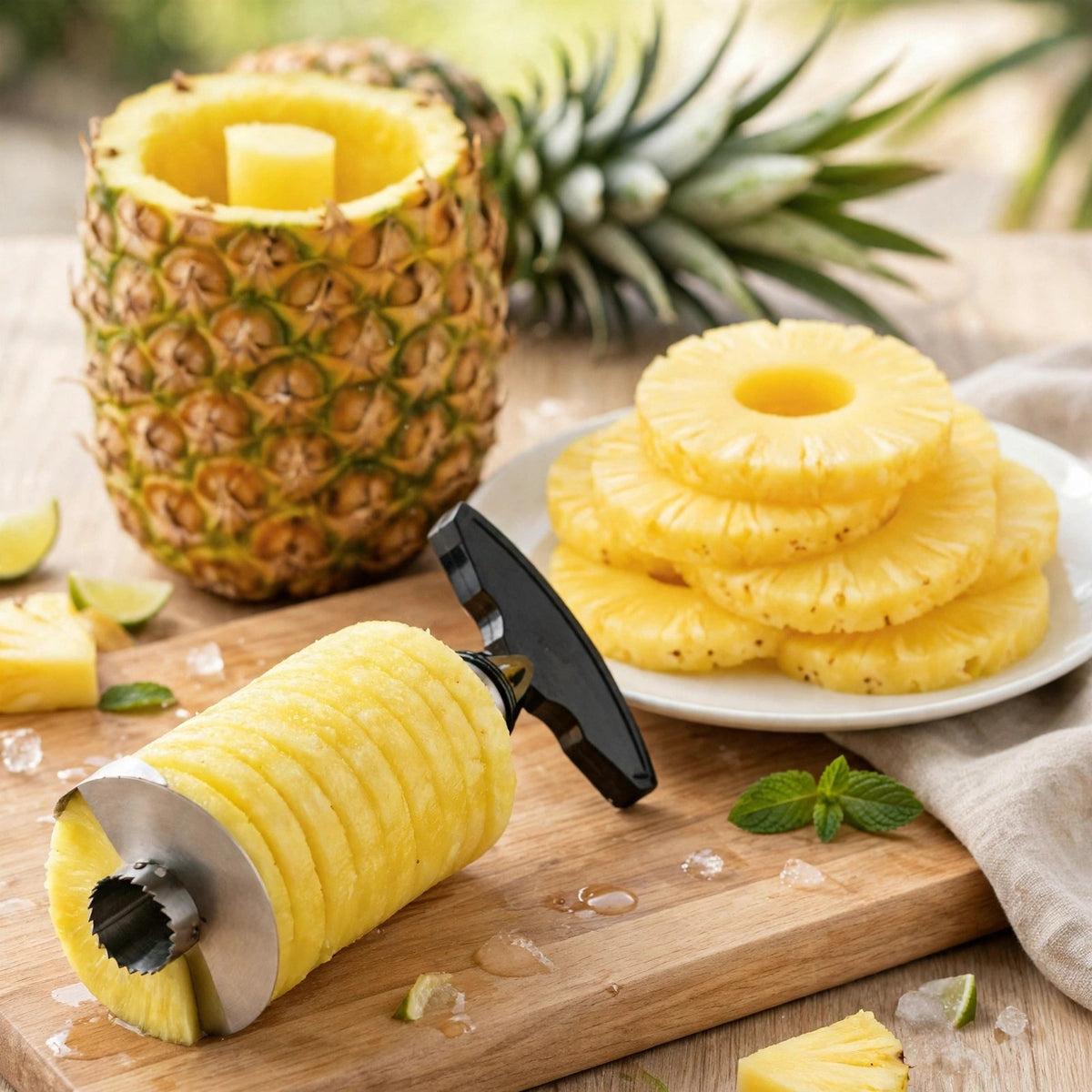 Rondelles d'ananas parfaites et spirale sur le tube AnaSlicer noir, coque évidée derrière