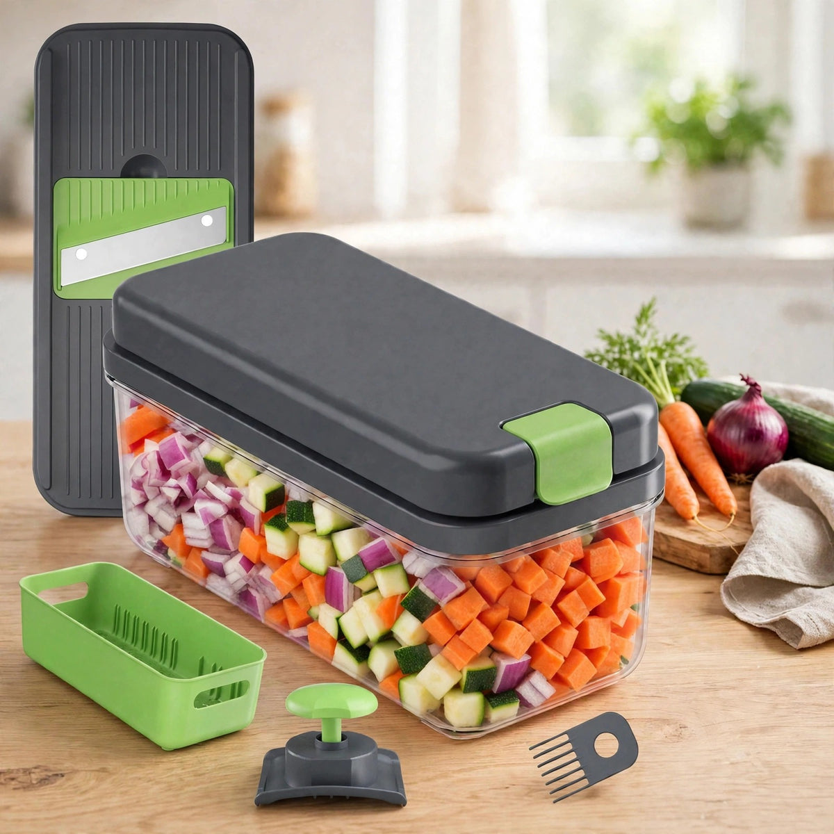 Coupe-légumes multifonction fermé, bac transparent plein de dés de carotte, oignon et courgette, prêt à ranger au réfrigérateur