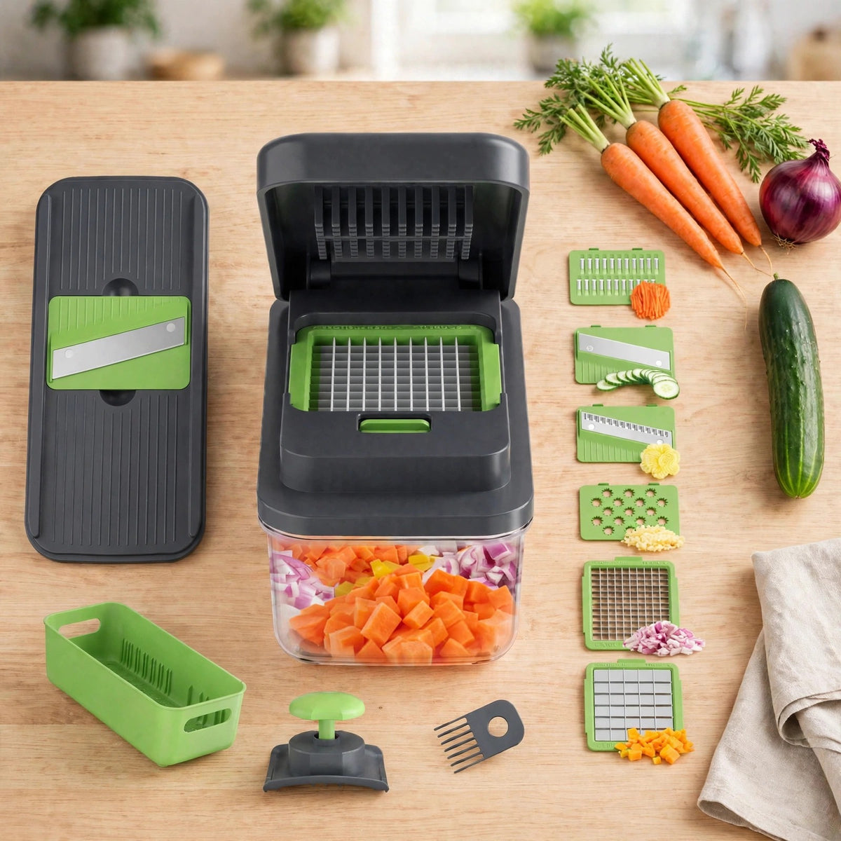 Ensemble complet du coupe-légumes multifonction vu du dessus : presse à dés, module mandoline, 7 lames vertes, panier d'égouttage, protège-main et peigne