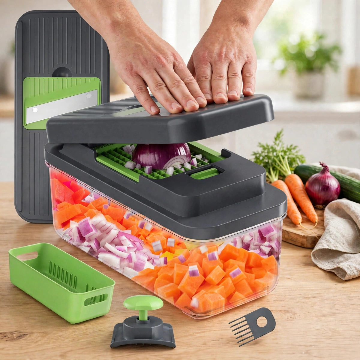 Mains qui rabattent le couvercle-presse du coupe-légumes multifonction sur un oignon rouge posé sur la grille à dés
