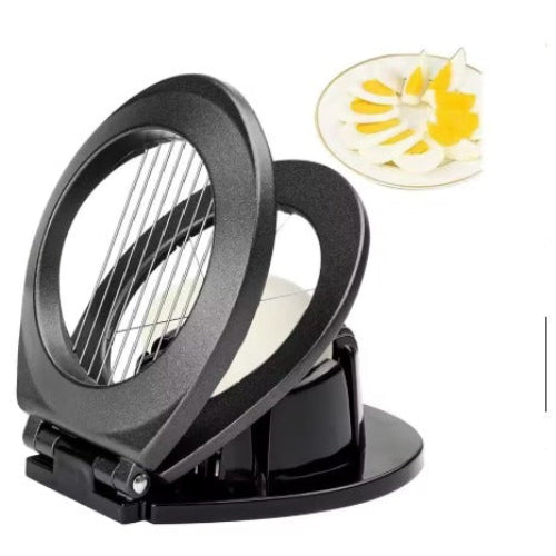 Coupe-œuf rond noir mat 2-en-1 sur fond blanc : anneau noir, fils inox et berceau noir