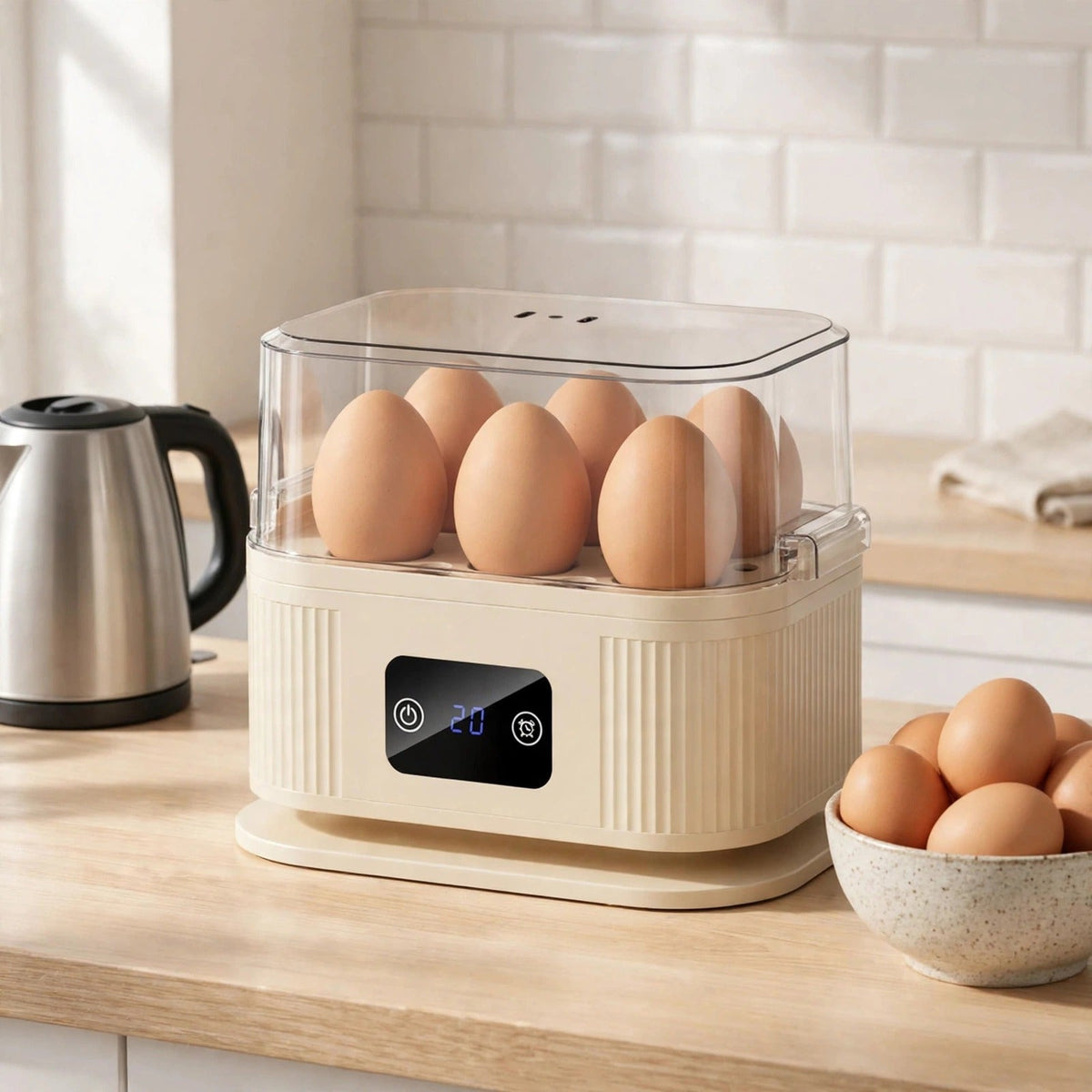 Cuiseur à œufs électrique crème sur un plan de travail de cuisine