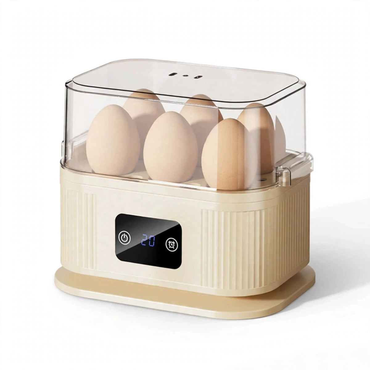 Cuiseur à œufs électrique 6 œufs crème, minuteur tactile et arrêt automatique, fond blanc