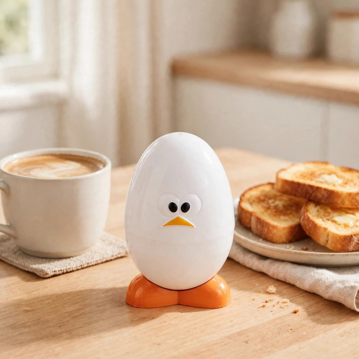 Cuiseur poussin sur une table de petit-déjeuner, café et tartines