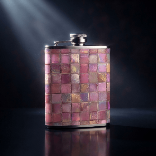 flasque-hanche-mosaique-rose-nacree-beaute-pure-gourde-plate-mosaique-rose-iridescente-eclat-luxe.