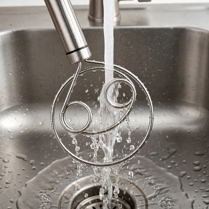 Fouet Cristal tout inox rincé sous le robinet dans un évier en acier, eau claire sur les boucles