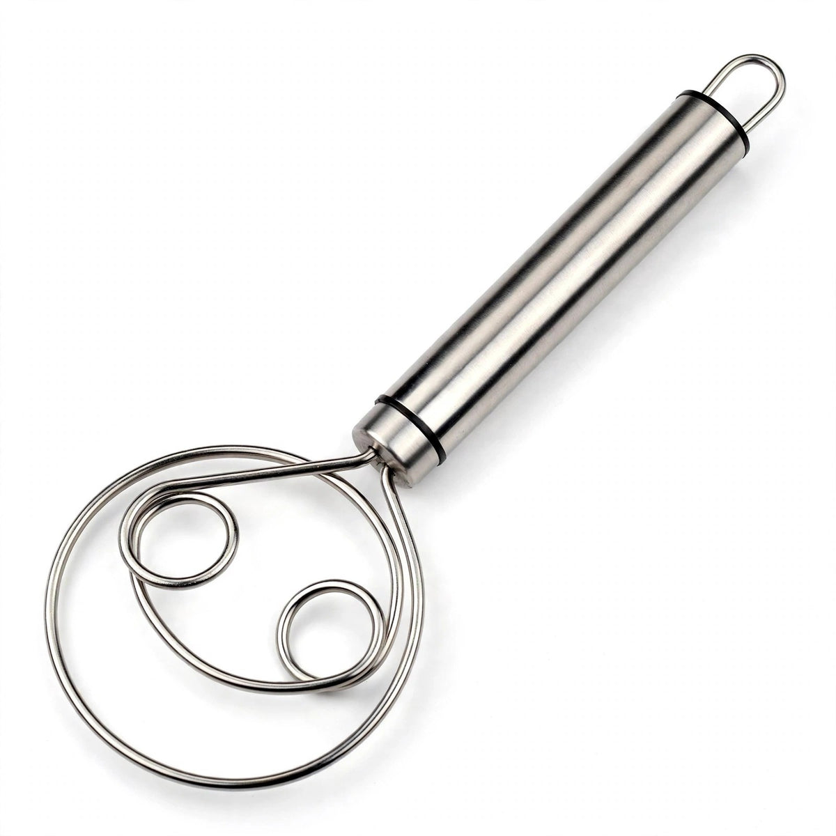 Fouet à pâte Cristal tout inox sur fond blanc, manche tube et double boucle plate en acier