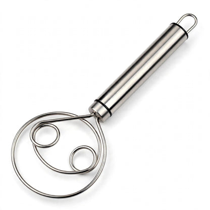 Fouet à pâte Cristal tout inox sur fond blanc, manche tube et double boucle plate en acier