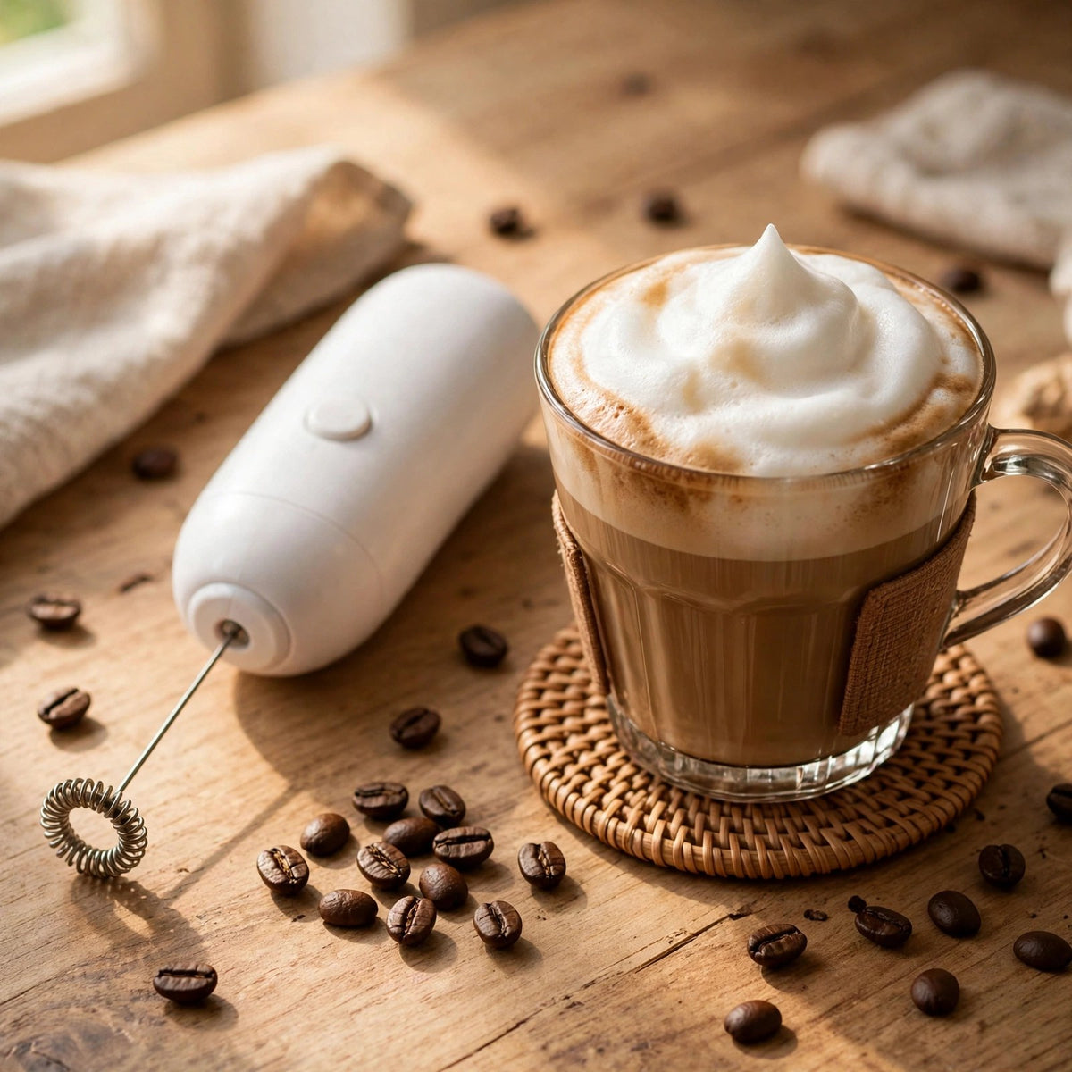 Mousseur électrique Mousso blanc posé près d'un cappuccino maison couronné de mousse de lait, grains de café