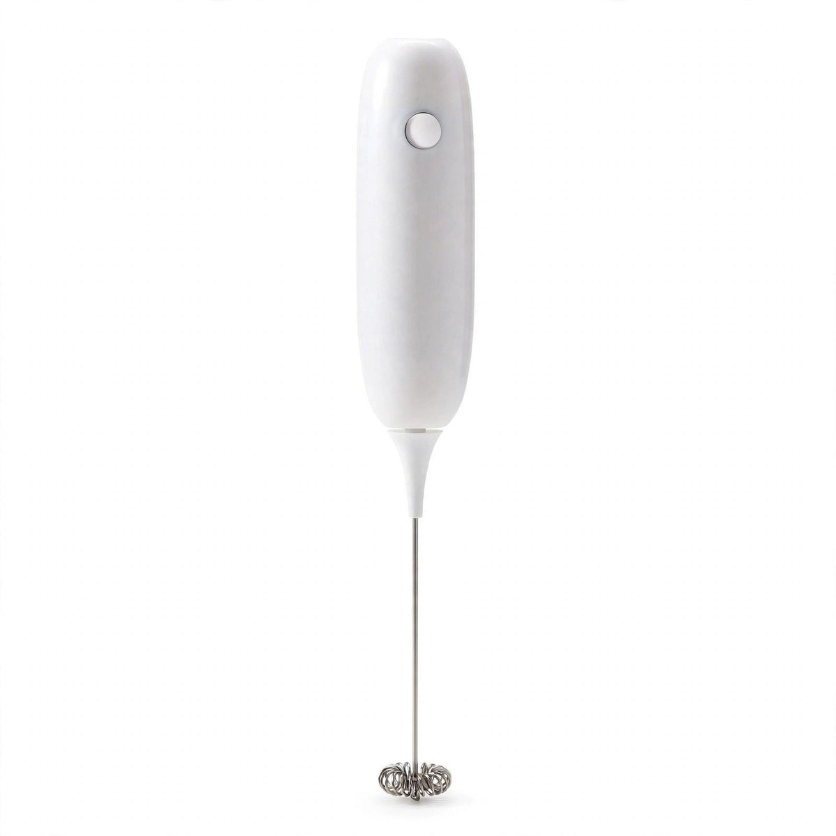 Mini batteur mousseur électrique Mousso blanc sur fond blanc, bouton unique, tige métal et tête spirale