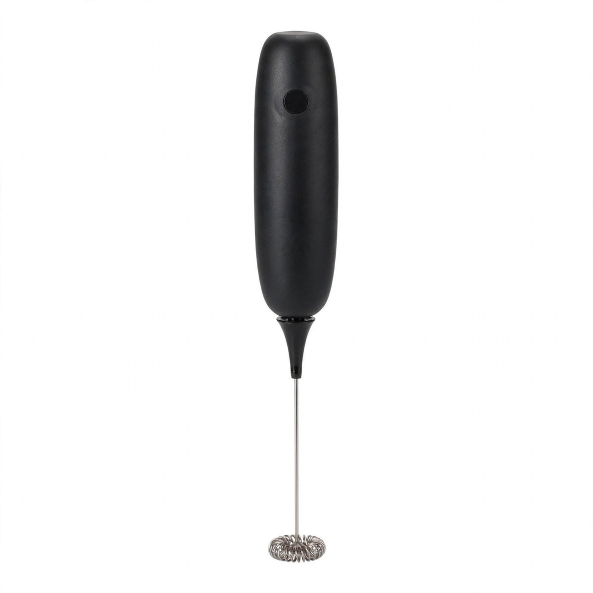Mini batteur mousseur électrique Mousso noir sur fond blanc, bouton unique, tige métal et tête spirale