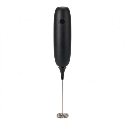 Mini batteur mousseur électrique Mousso noir sur fond blanc, bouton unique, tige métal et tête spirale