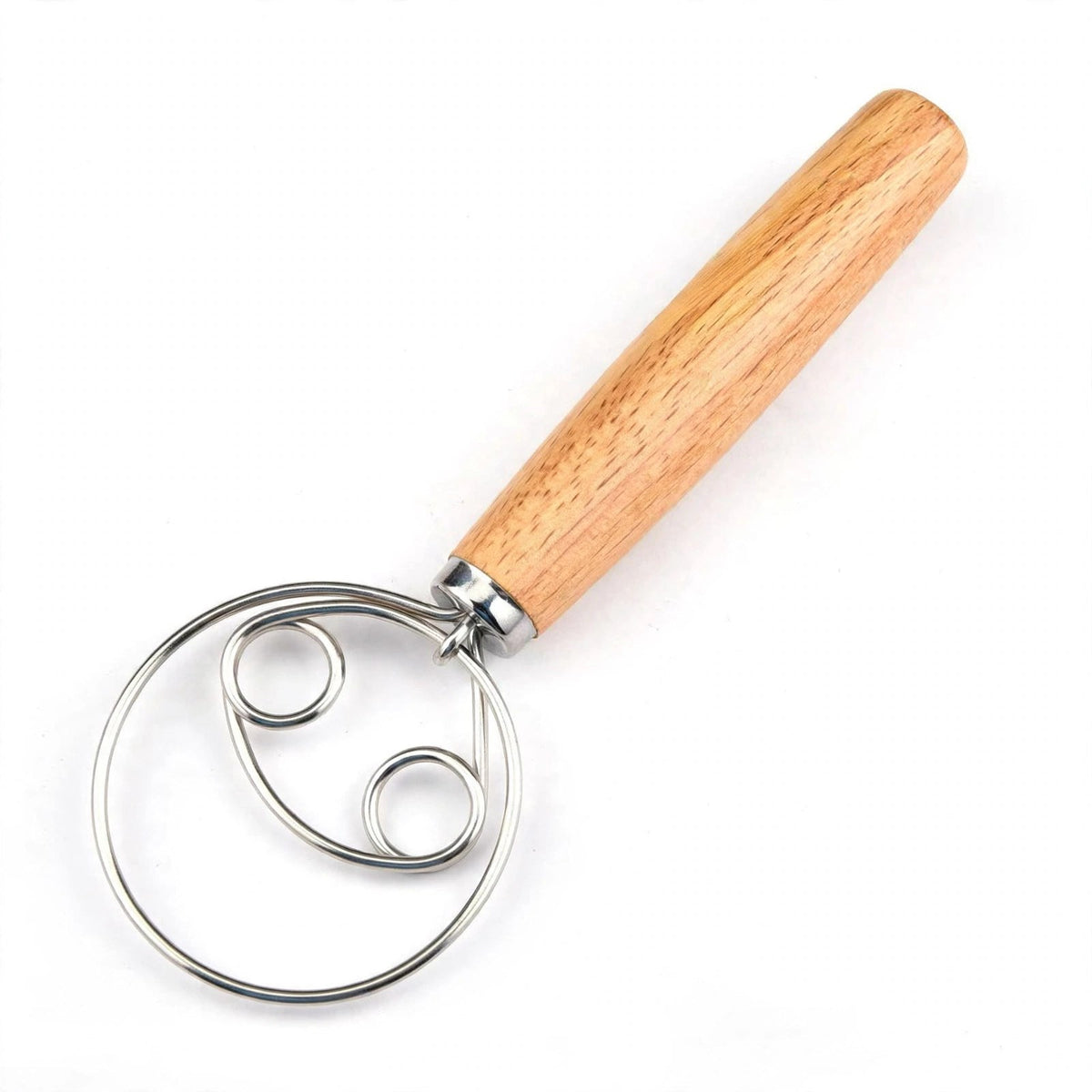 Fouet danois Artisan sur fond blanc, long manche en bois clair et double boucle plate en inox