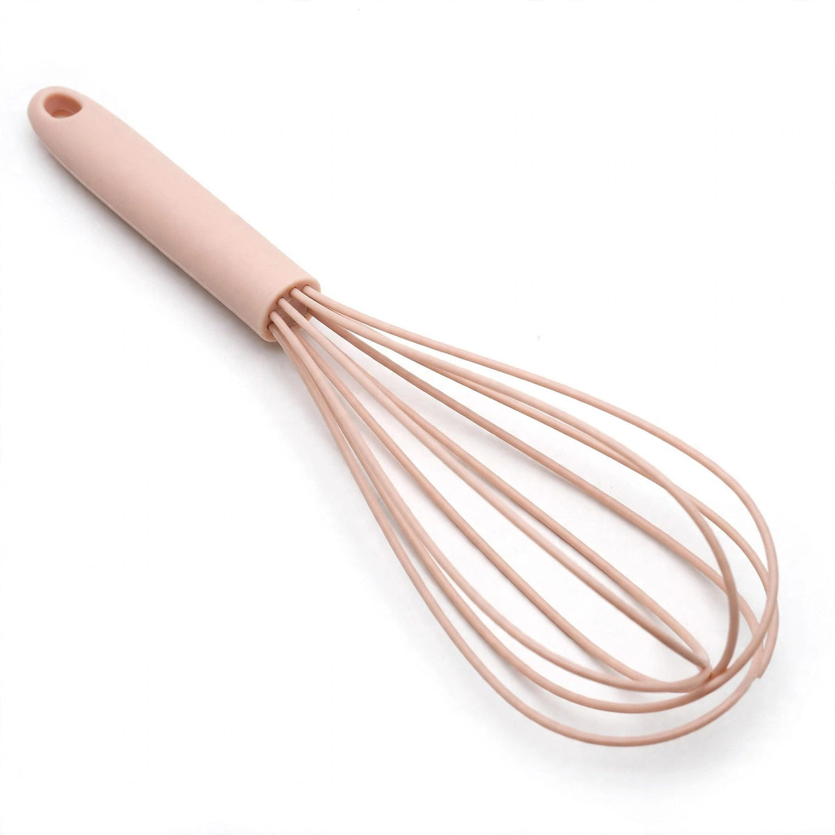 Fouet FlexiPro rose en silicone sur fond blanc, fils plats gainés et manche à trou de suspension