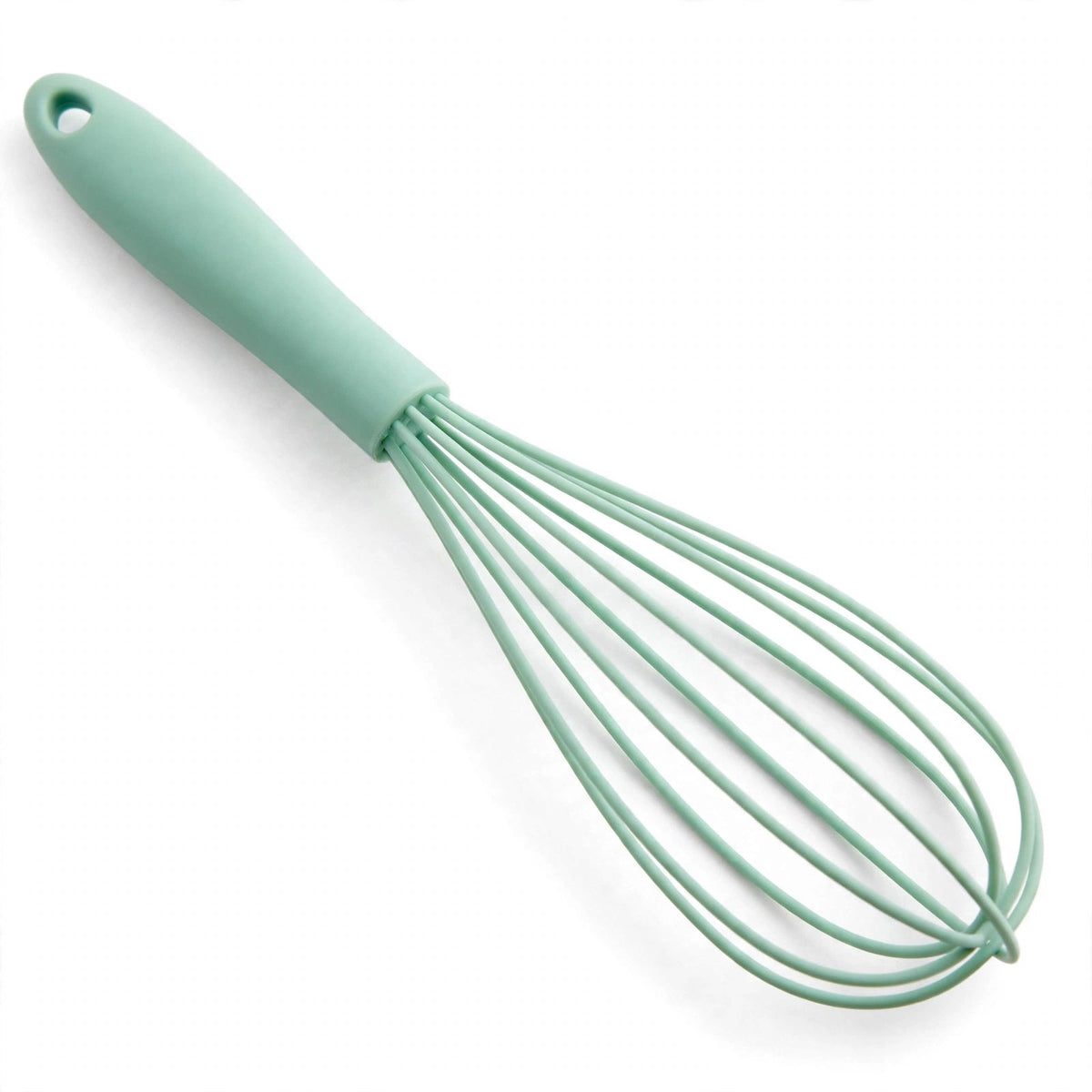 Fouet FlexiPro vert d'eau en silicone sur fond blanc, fils plats gainés et manche à trou de suspension