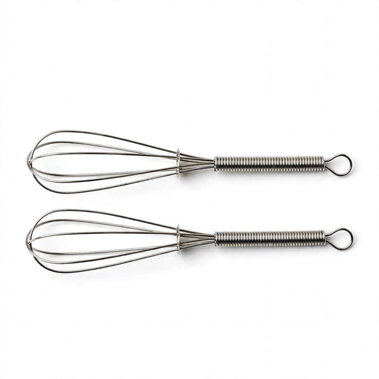 Lot de 2 fouets Fusion en inox sur fond blanc, manches en spirale et anneau de suspension