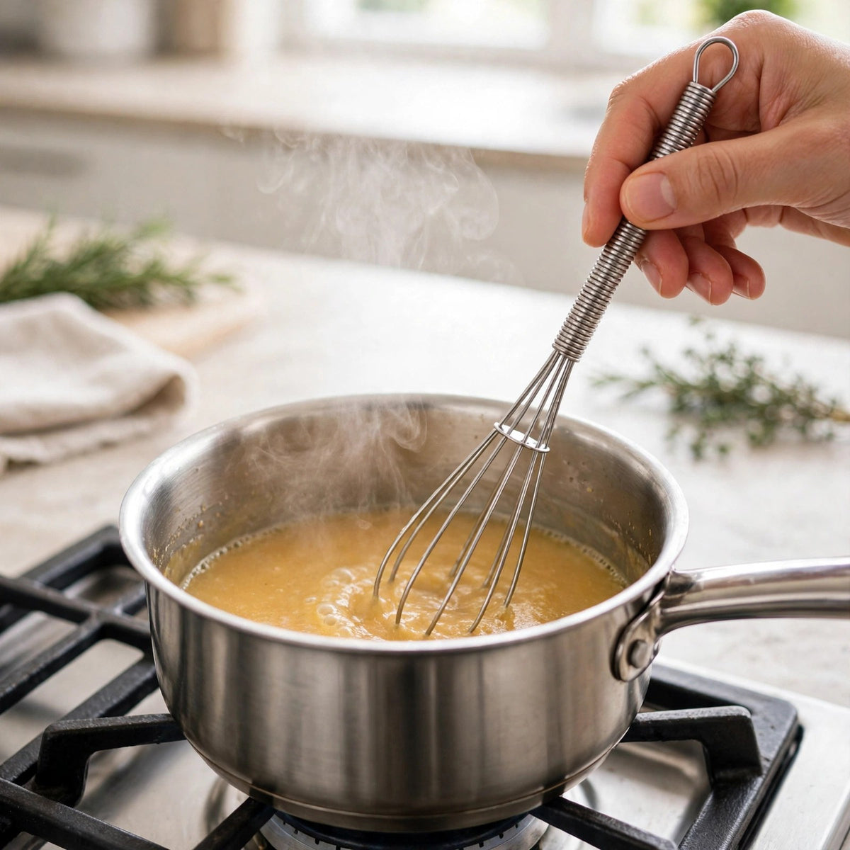 Fouet Fusion en inox remuant une sauce dorée dans une petite casserole, manche spirale tenu en main