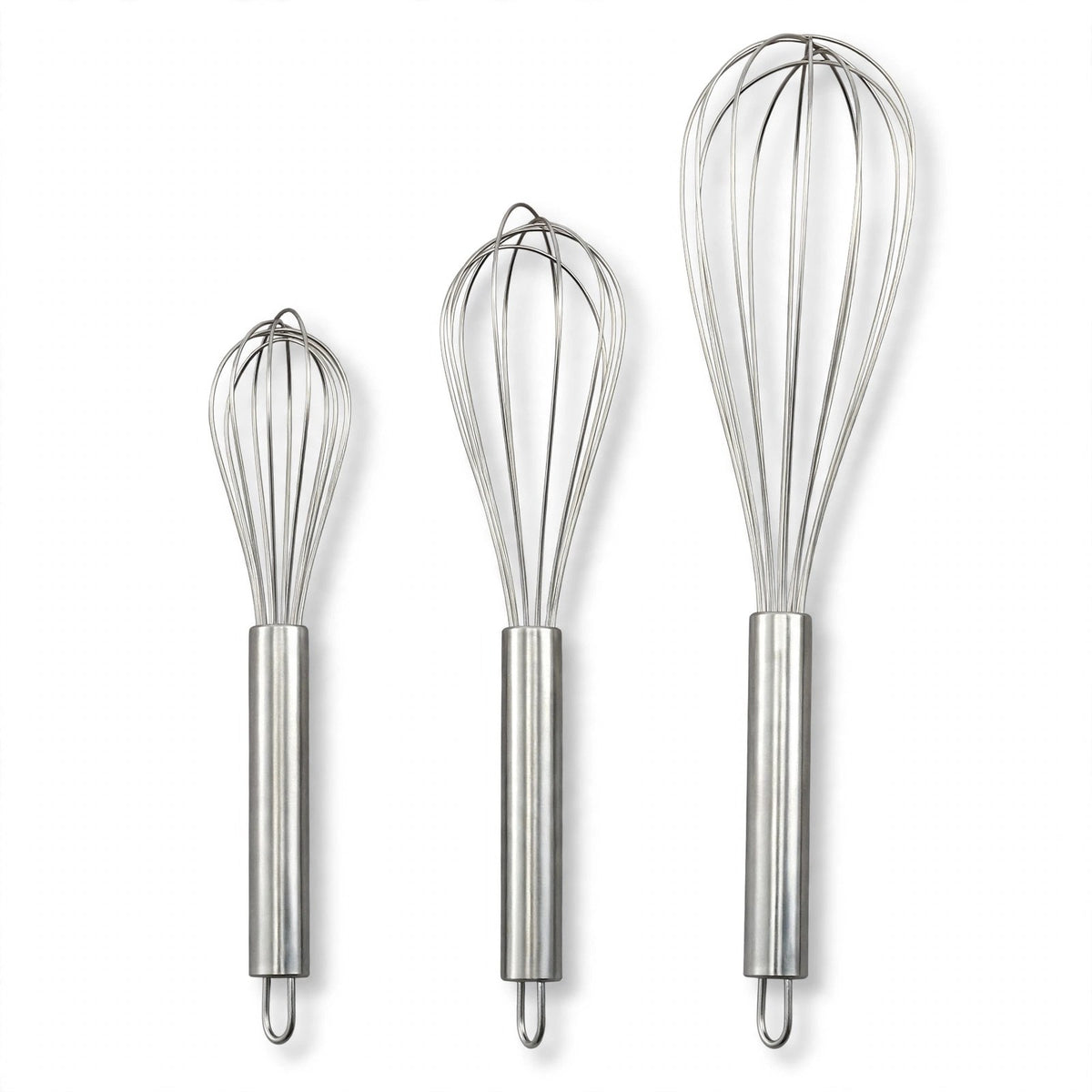 Lot de 3 fouets ballon InoxStar en acier inoxydable sur fond blanc, trois tailles du plus petit au plus grand