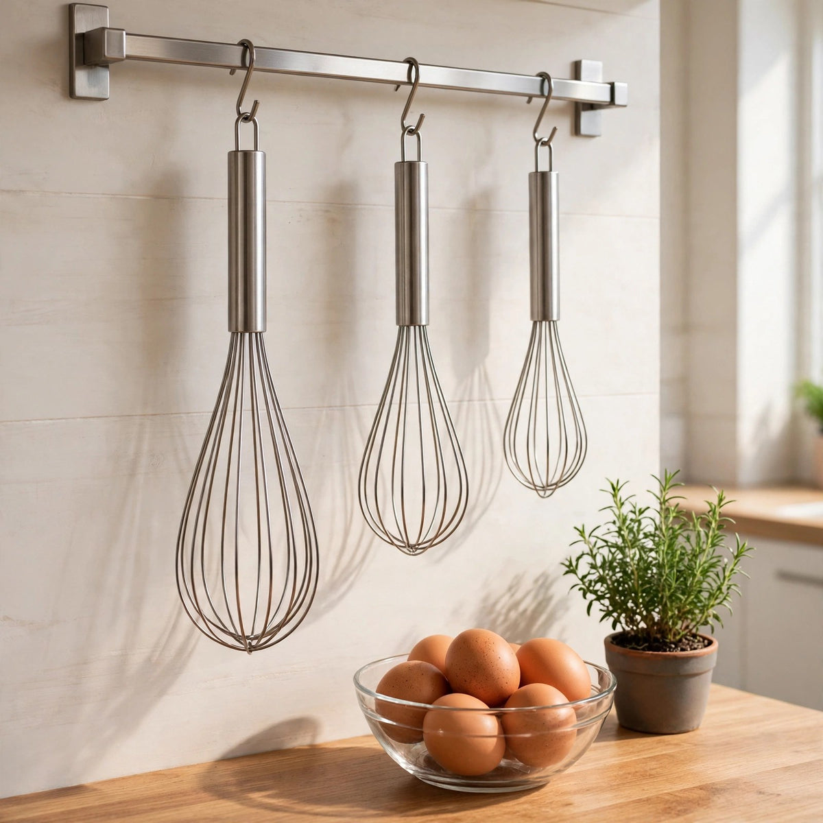 Les trois fouets InoxStar en inox accrochés à une barre de cuisine, bol d'œufs frais dessous