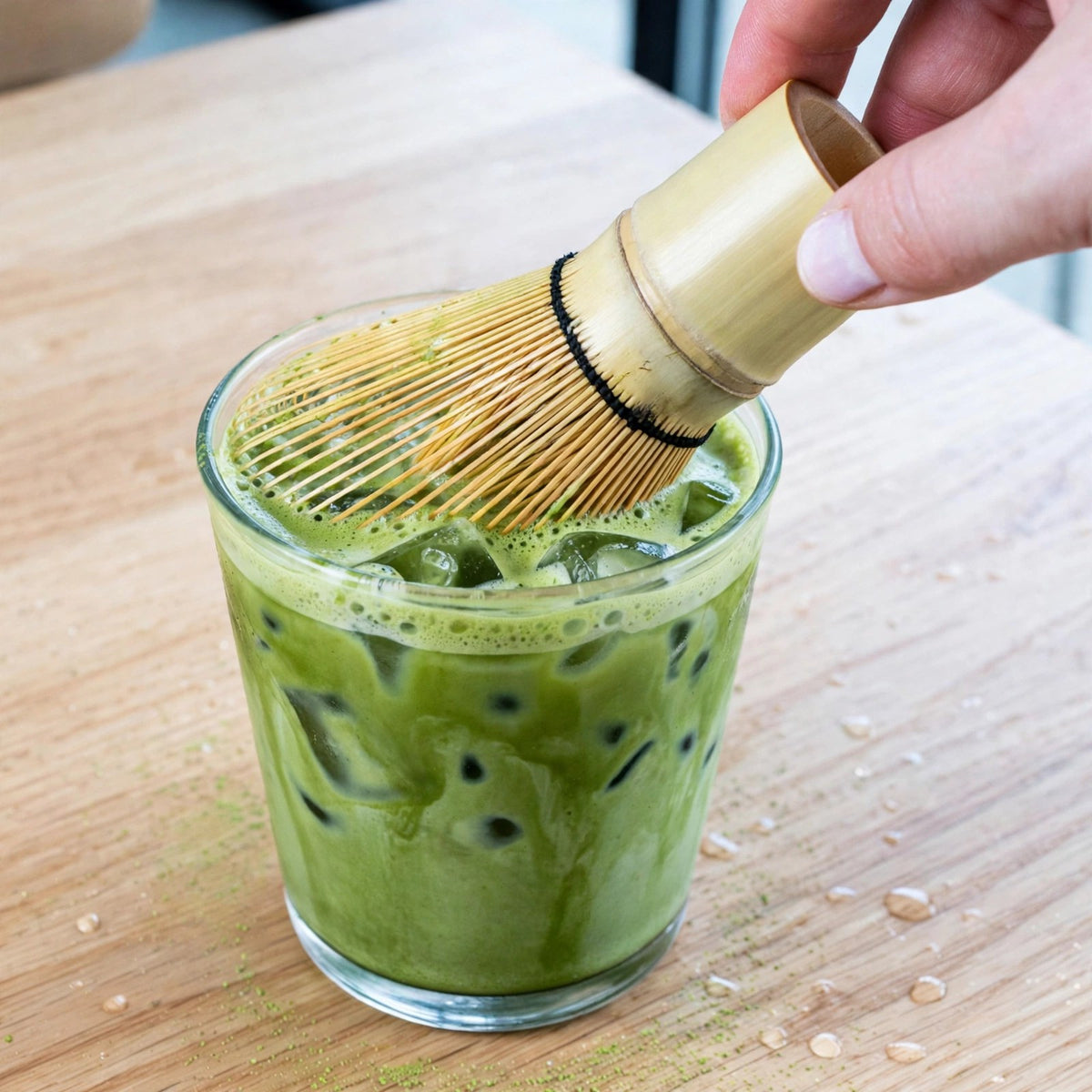 Chasen en bambou beige fouettant un matcha latte glacé dans un verre, mousse verte onctueuse