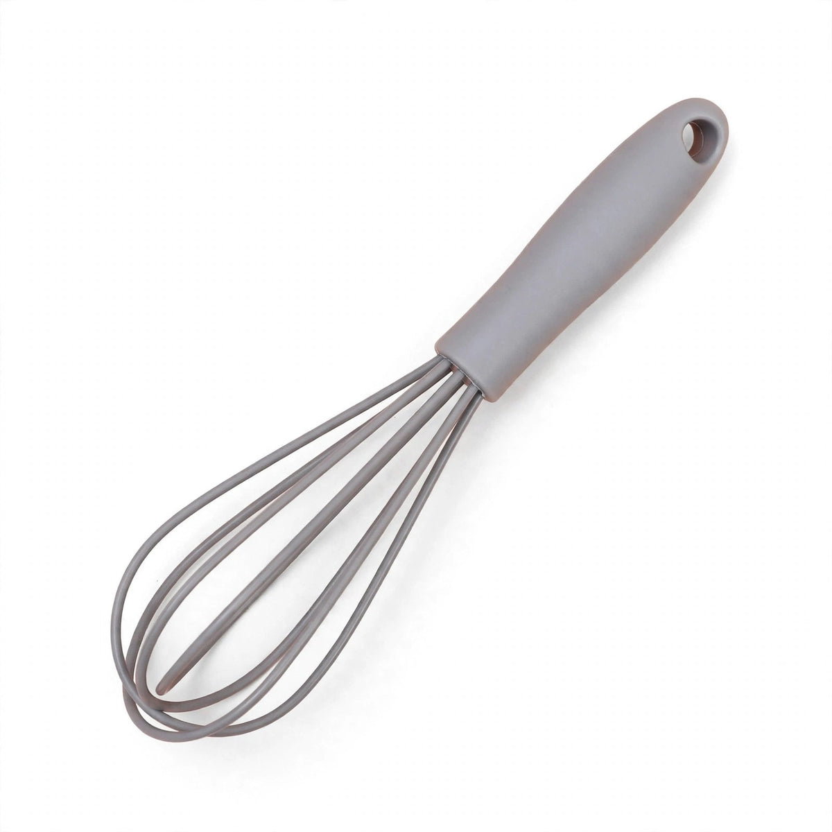 Fouet MixMaster gris en silicone sur fond blanc, fils gainés et manche à trou