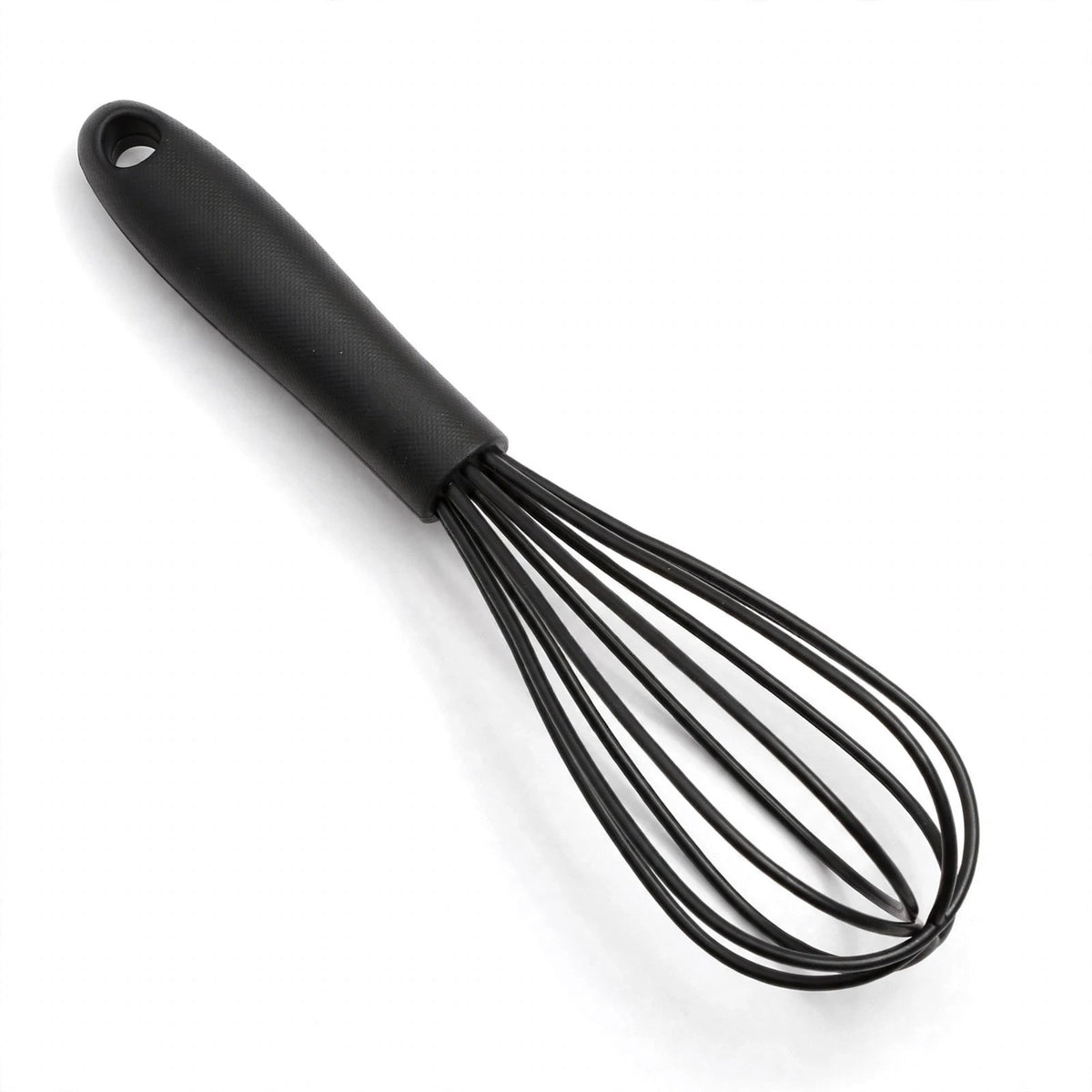 Fouet MixMaster noir en silicone sur fond blanc, fils gainés et manche à trou