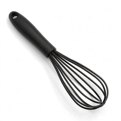 Fouet MixMaster noir en silicone sur fond blanc, fils gainés et manche à trou