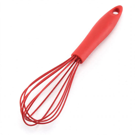 Fouet MixMaster rouge en silicone sur fond blanc, fils gainés et manche à trou