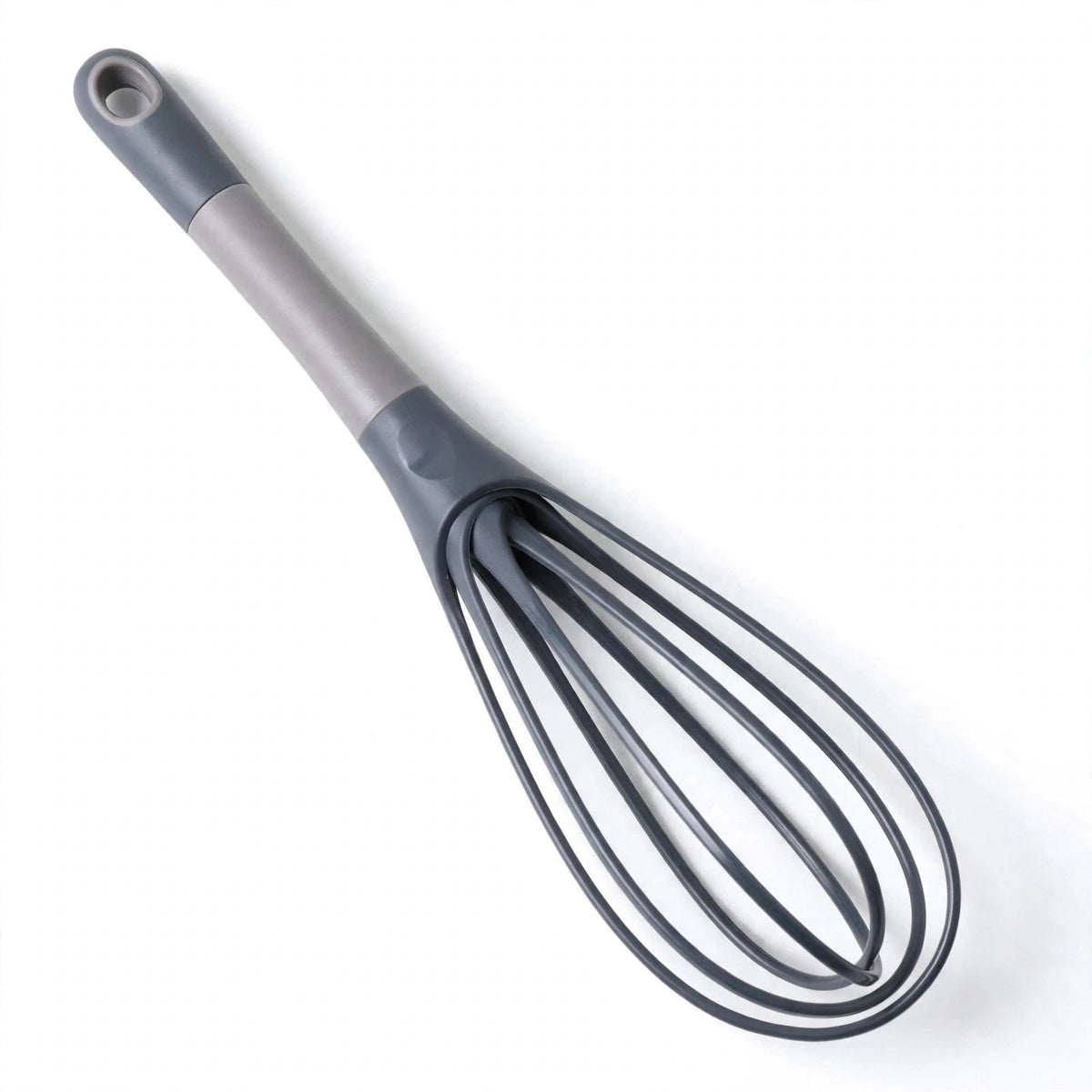 Fouet plat Aromova gris sur fond blanc, manche bi-ton à trou de suspension et fils plats gainés