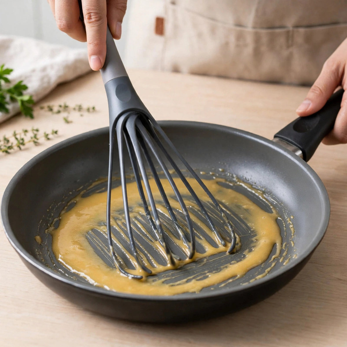 Fouet plat Aromova à plat au fond d'une poêle antiadhésive, sauce dorée lisse en mouvement