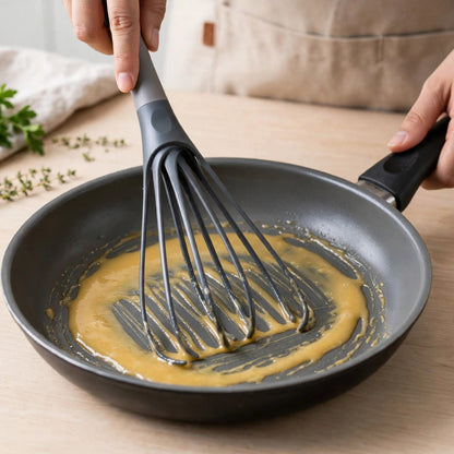 Fouet plat Aromova à plat au fond d'une poêle antiadhésive, sauce dorée lisse en mouvement