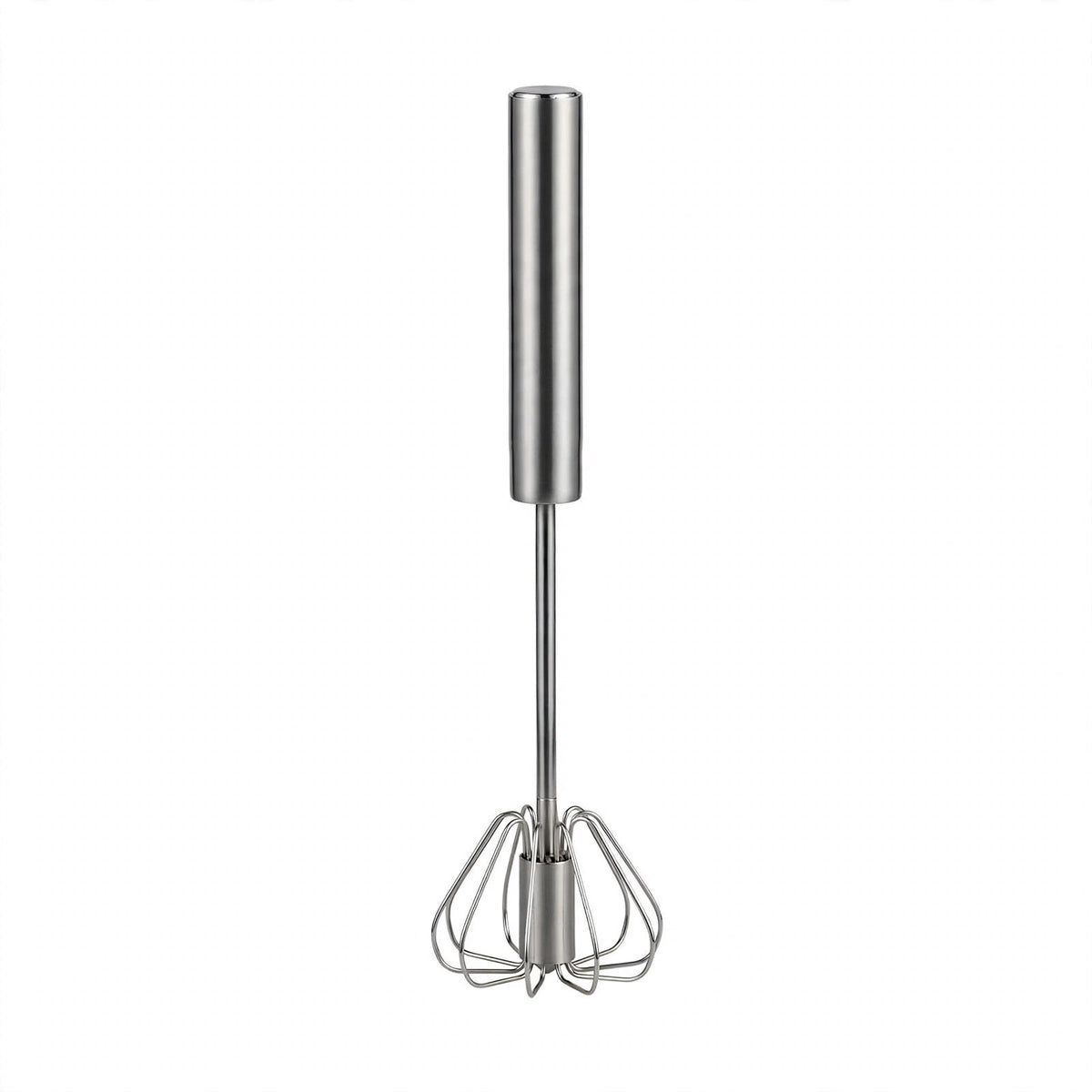Fouet PushMix tout inox sur fond blanc, manche pompe cylindrique et tête à fils plats