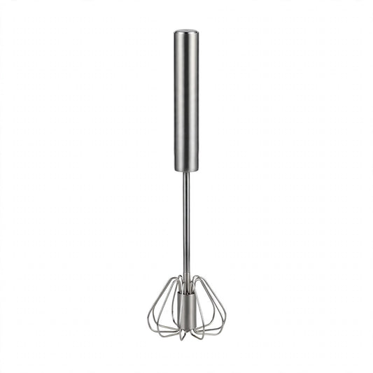 Fouet PushMix tout inox sur fond blanc, manche pompe cylindrique et tête à fils plats