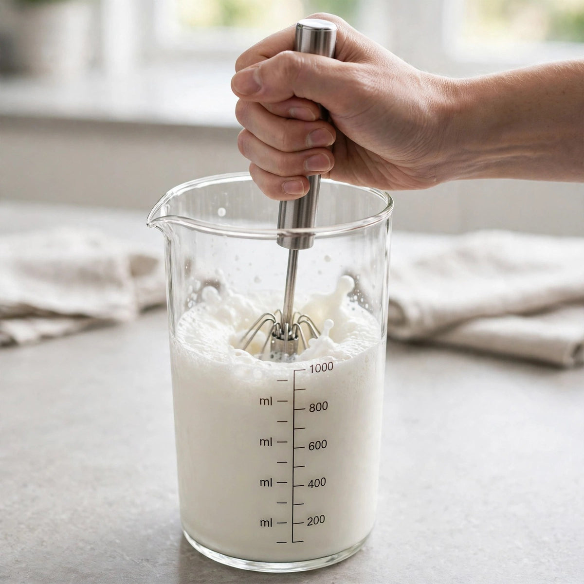 Fouet PushMix en inox faisant mousser du lait dans un grand verre doseur gradué
