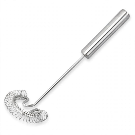 Fouet à spirale Spirale tout inox sur fond blanc, manche cylindrique et tête en spirale plate