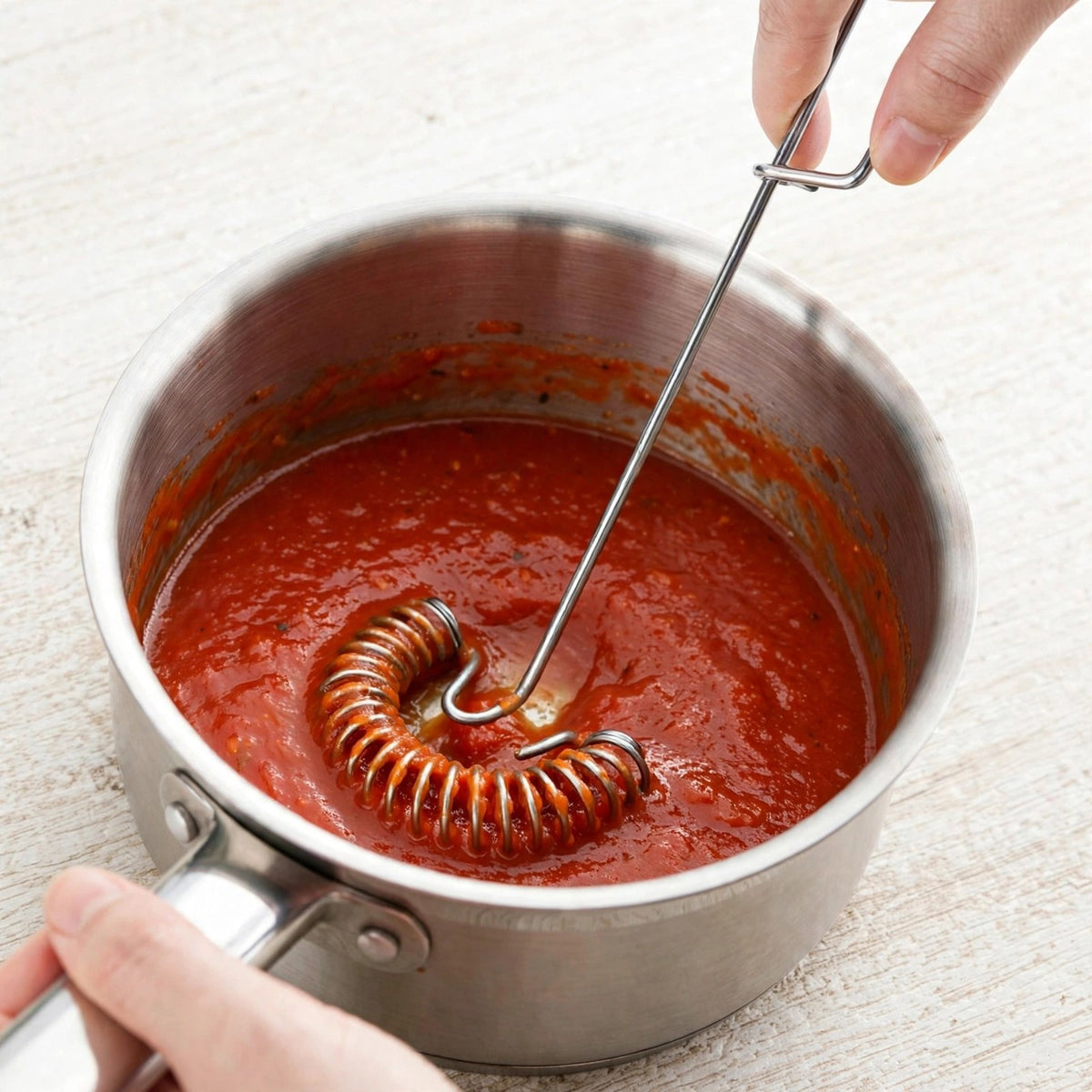 Fouet Savourel en inox au fond d'une petite casserole de sauce tomate lisse, spirale à plat