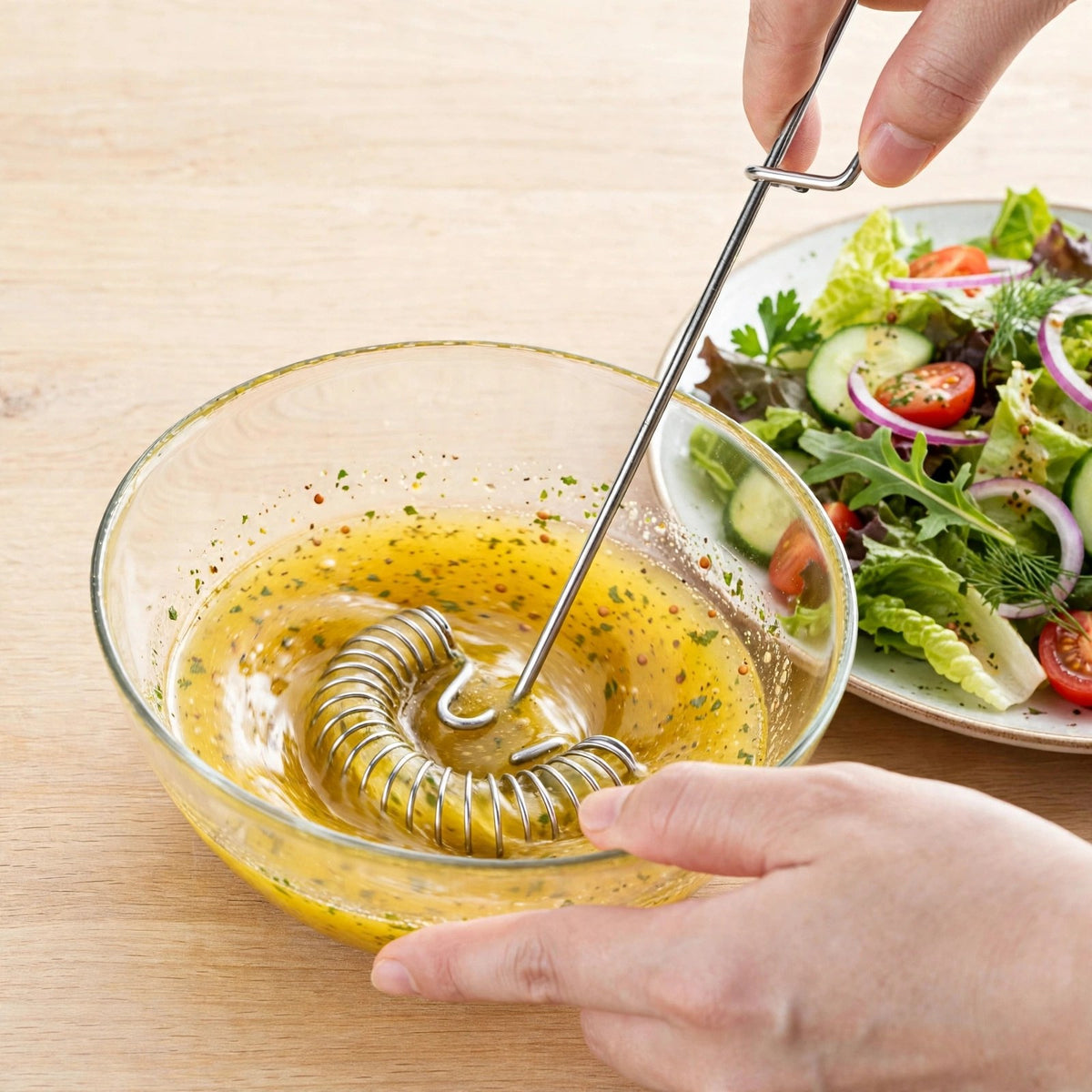 Fouet Savourel en inox émulsionnant une vinaigrette dorée dans un bol en verre, salade fraîche à côté