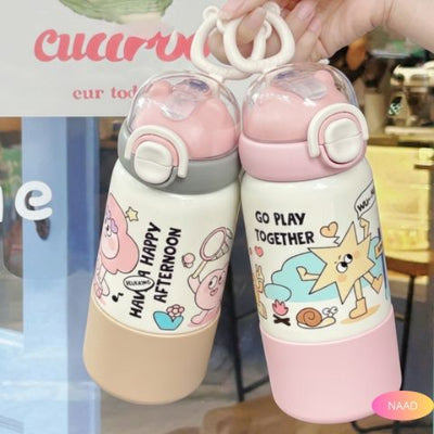 gourde-isotherme-enfant-ludique-brun-rose-en-acier-inoxydable