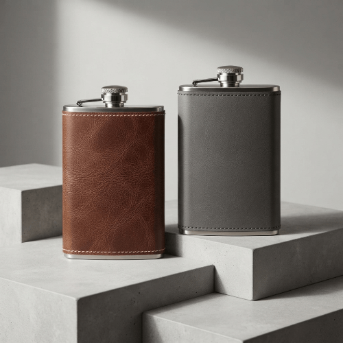 gourde-plate-de-poche-cuir-marron-gris-flasque-inox-cuir