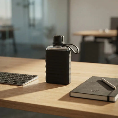 gourde-plate-design-minimaliste-bureau-silencieuse-manchon-silicone-noir-antiderapant-bouteille-eau-plate